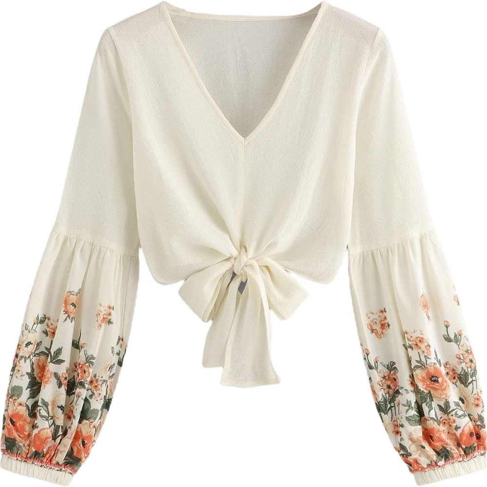 Verdusa Women's Floral Print Tie Front Bishop Sleeve Crop Top Chiffon Blouse NWT